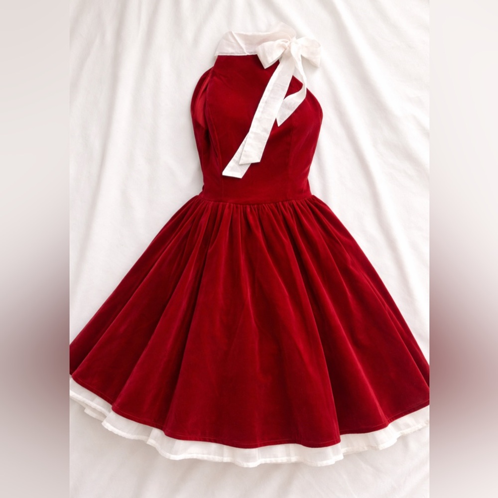 Red Velvet Fit-and-Flare Dress with neck ribbon